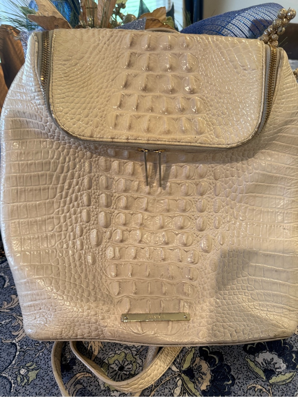 Brahmin Cream Croc-Embossed Backpack